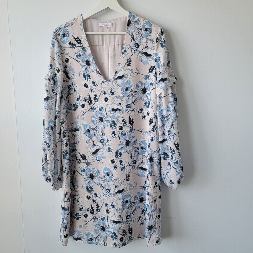 Parker Women's Floral Tie Waist Dress Size M V-Neck Bishop Sleeve Shift